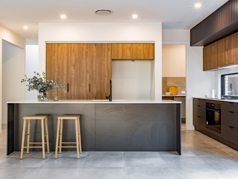 Modern style kitchen with bar stools