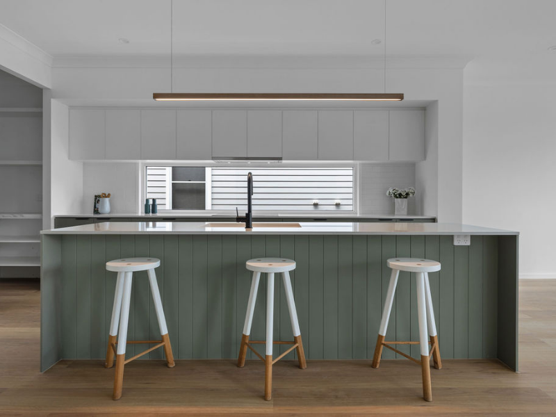 Kitchen with Green Cabinetry & VJ Panelling